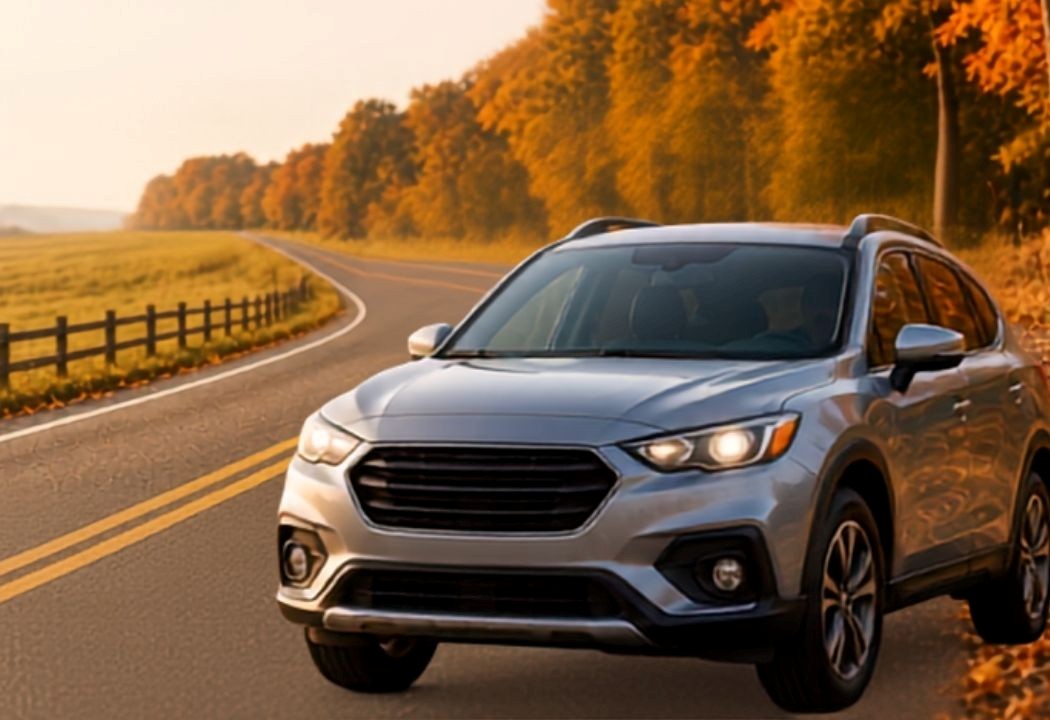 New car on highway with autumn background